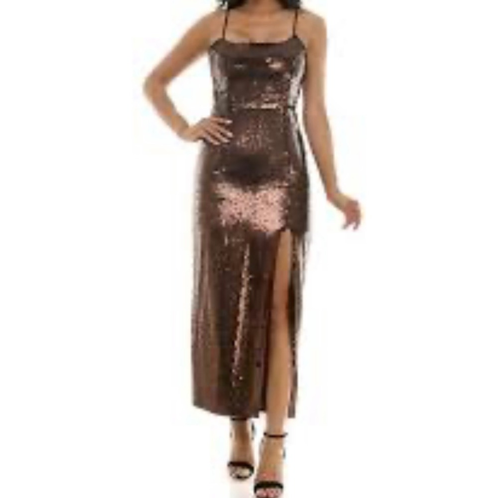 Violet Weekend Brown Sequin Maxi Dress Prom Formal Gown Side Slit‎  Size 11/12